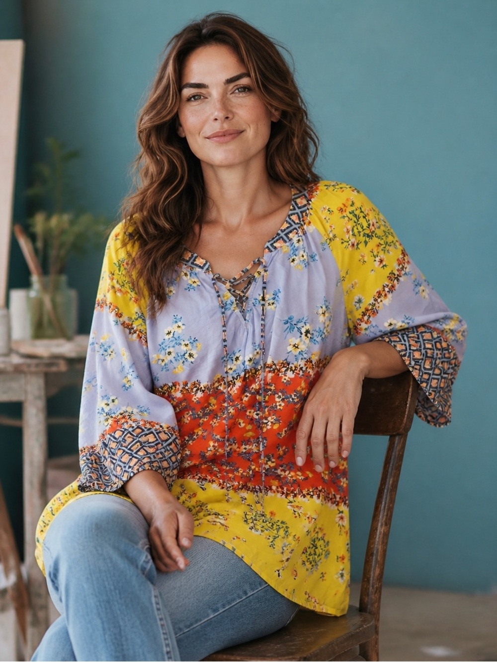 Figueroa & Flower Floral Mixed Pattern Peasant Blouse Size M